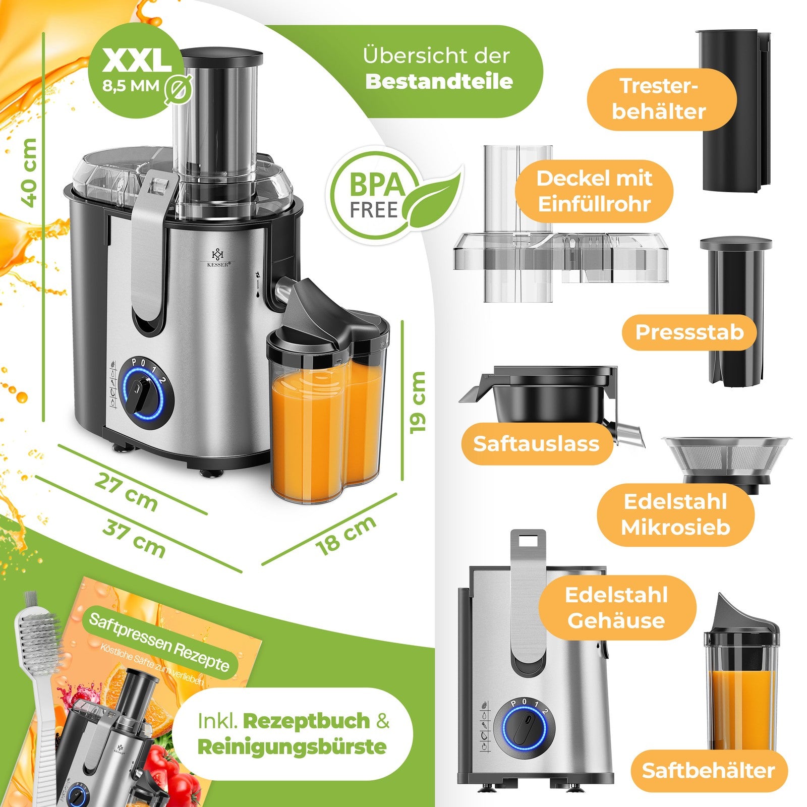 KESSER® Entsafter Saftpresse Edelstahl 1100W 85Mm Presse Obstpresse Saft Juicer