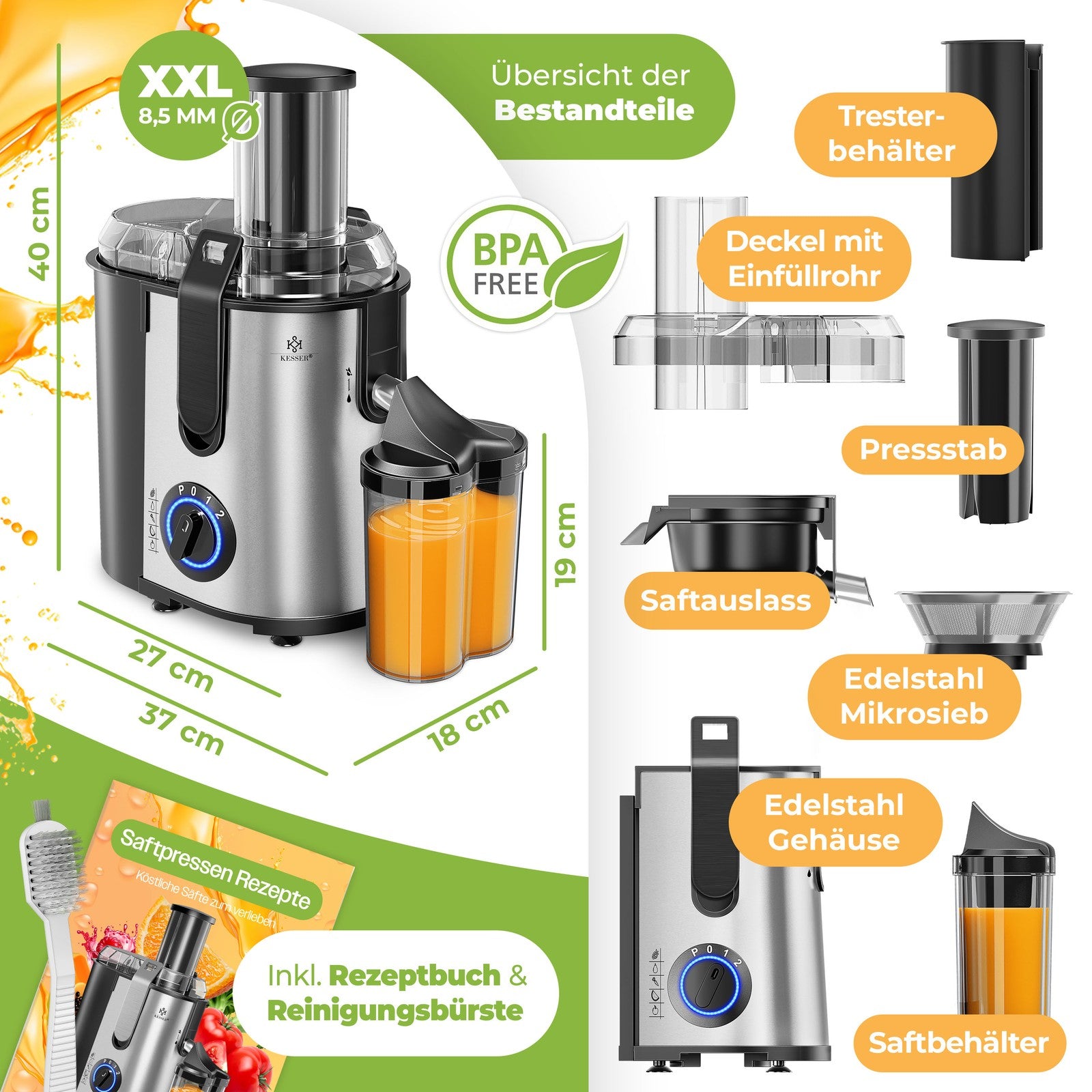 KESSER® Entsafter Saftpresse Edelstahl 1100W 85Mm Presse Obstpresse Saft Juicer