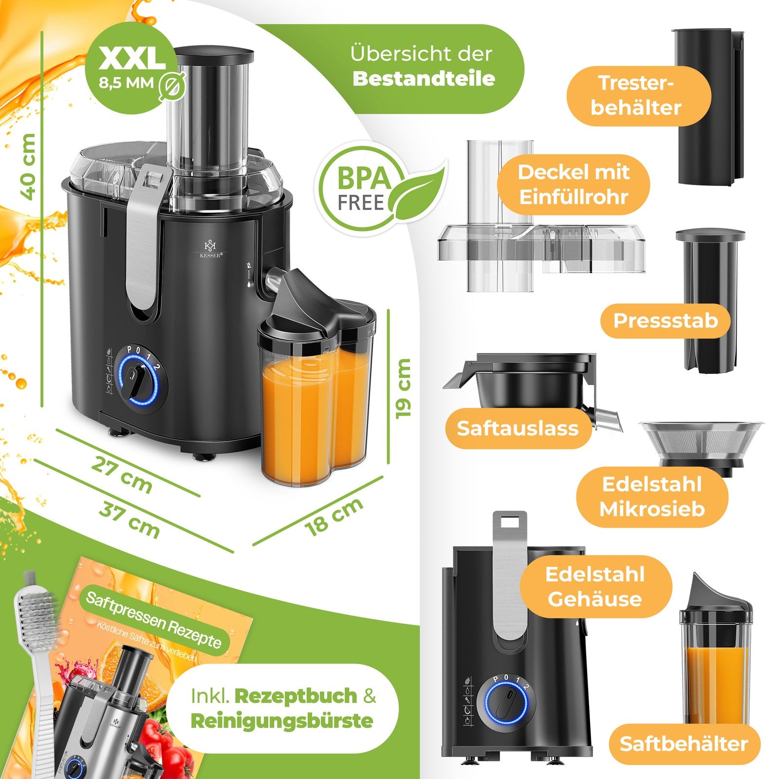 KESSER® Entsafter Saftpresse Edelstahl 1100W 85Mm Presse Obstpresse Saft Juicer