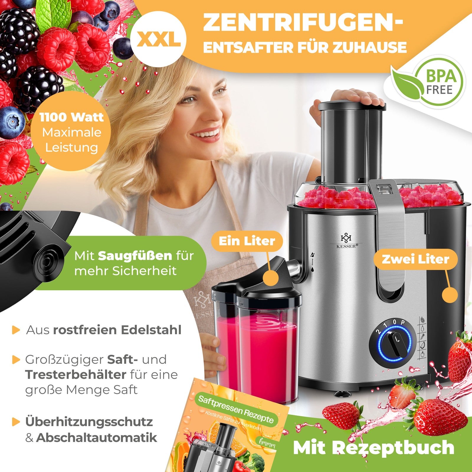 KESSER® Entsafter Saftpresse Edelstahl 1100W 85Mm Presse Obstpresse Saft Juicer