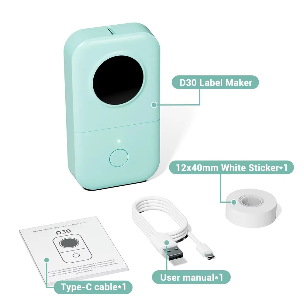 D30 Label Printer with Tape Portable Mini Printer Sticker Thermal Weless Label Maker Handheld Rechargeable Icon Font