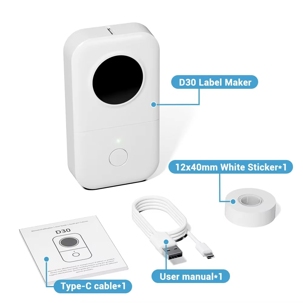D30 Label Printer with Tape Portable Mini Printer Sticker Thermal Weless Label Maker Handheld Rechargeable Icon Font
