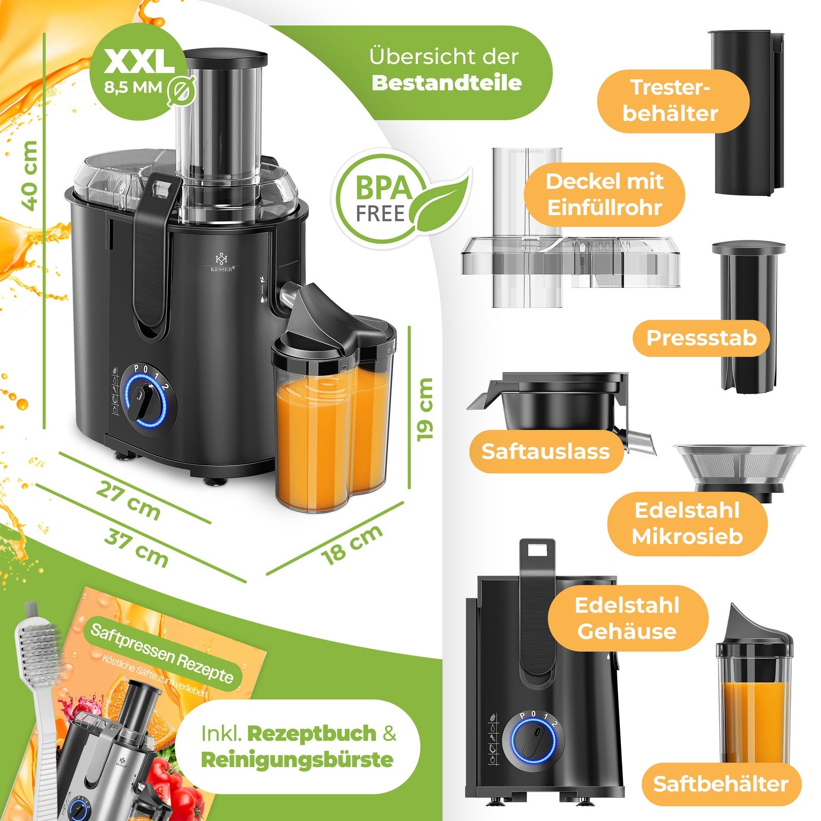 KESSER® Entsafter Saftpresse Edelstahl 1100W 85Mm Presse Obstpresse Saft Juicer