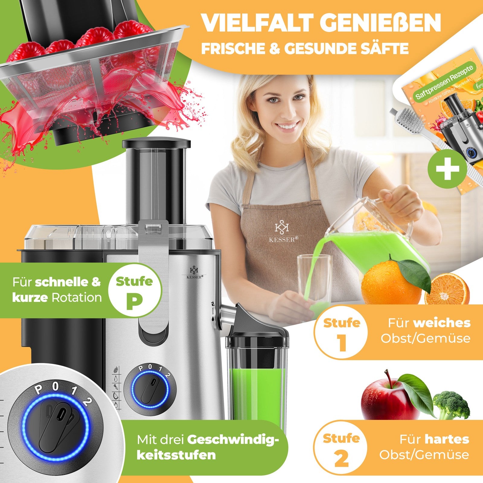 KESSER® Entsafter Saftpresse Edelstahl 1100W 85Mm Presse Obstpresse Saft Juicer