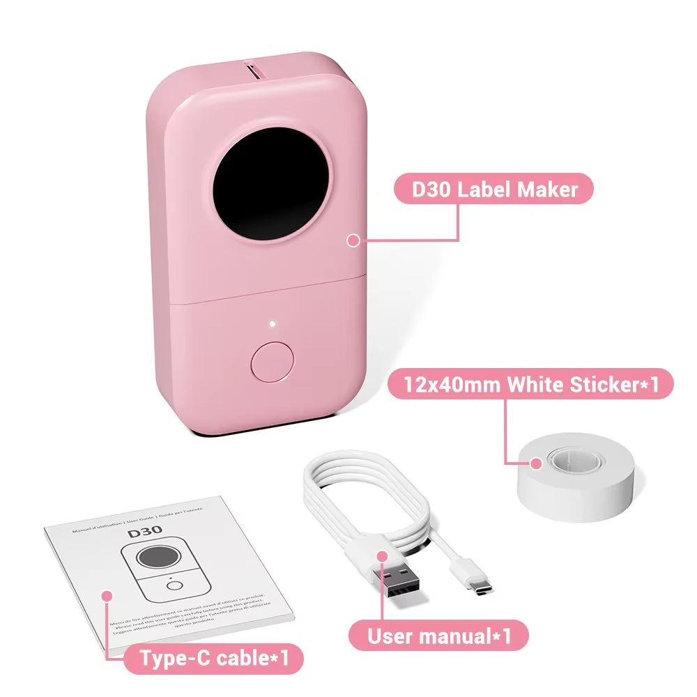 D30 Label Printer with Tape Portable Mini Printer Sticker Thermal Weless Label Maker Handheld Rechargeable Icon Font