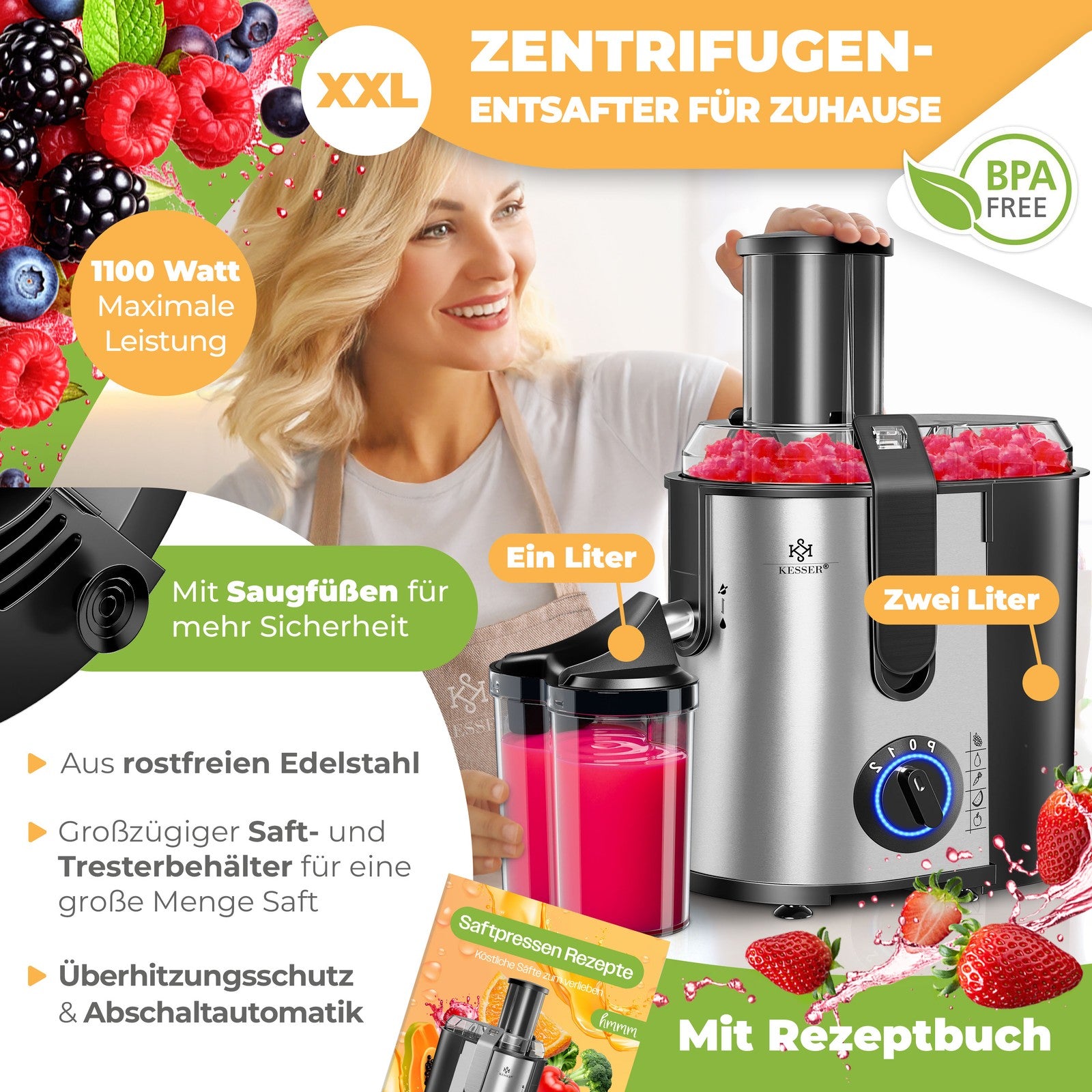 KESSER® Entsafter Saftpresse Edelstahl 1100W 85Mm Presse Obstpresse Saft Juicer