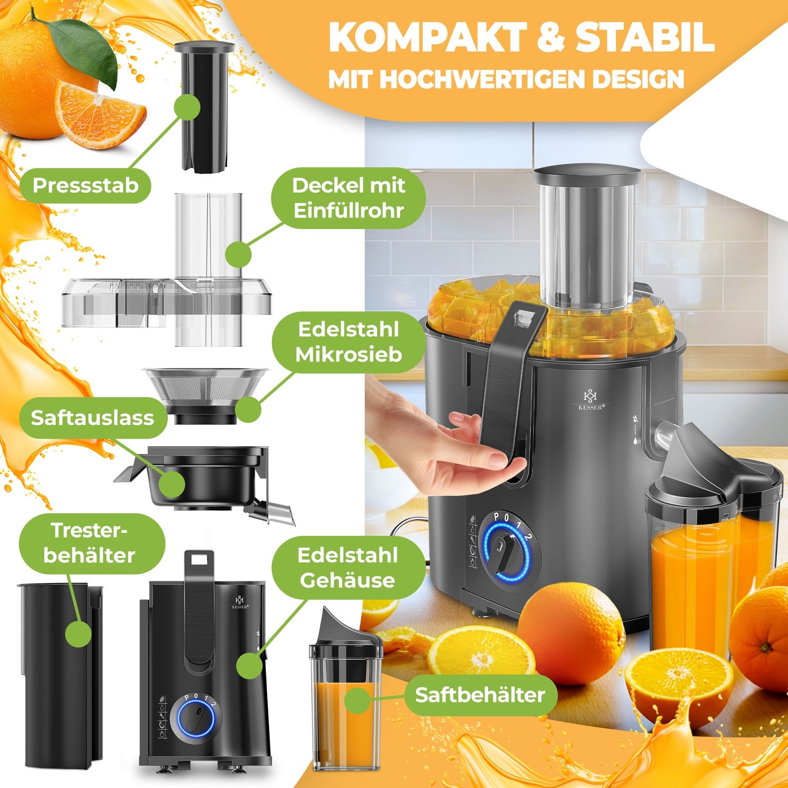 KESSER® Entsafter Saftpresse Edelstahl 1100W 85Mm Presse Obstpresse Saft Juicer
