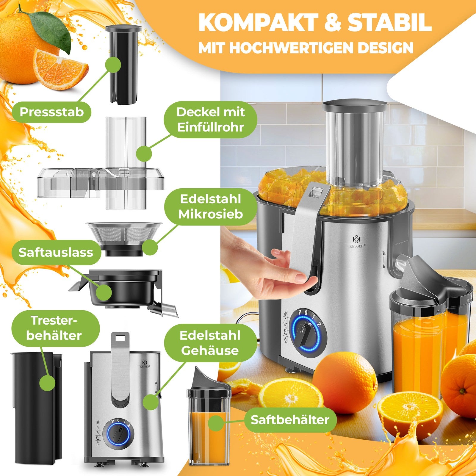 KESSER® Entsafter Saftpresse Edelstahl 1100W 85Mm Presse Obstpresse Saft Juicer